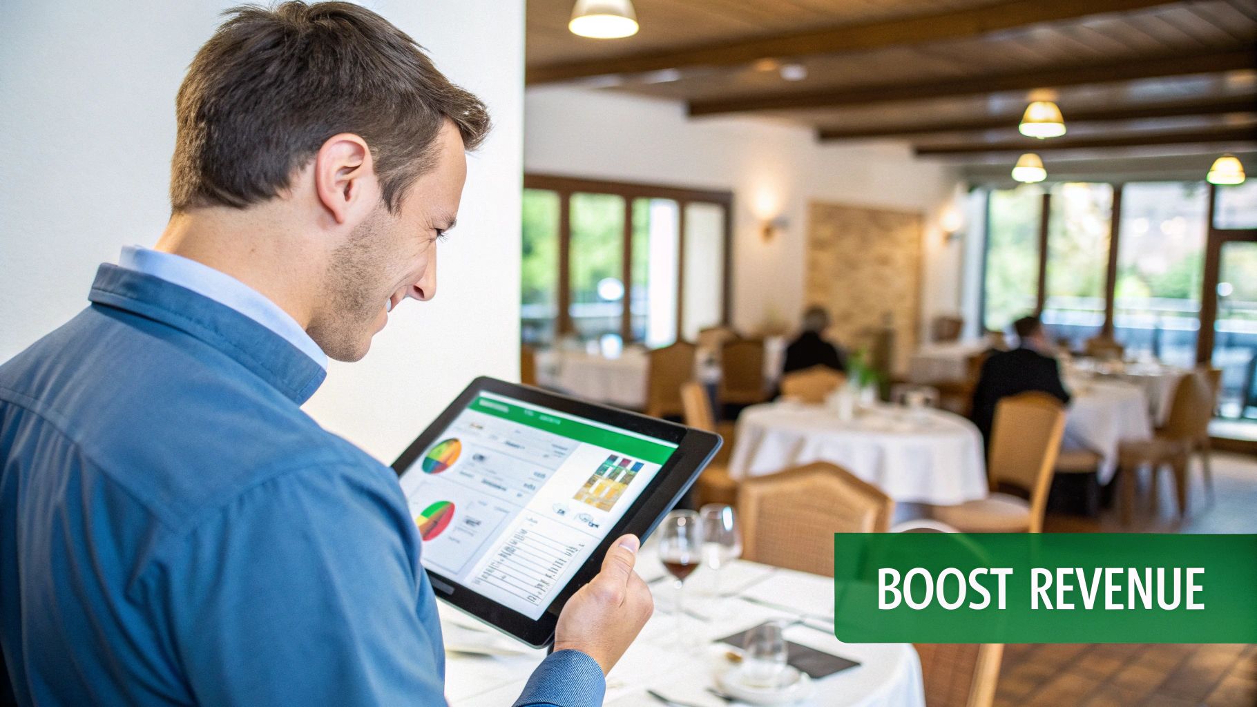Restaurant manager using tablet with analytics dashboard to boost revenue and optimize operations