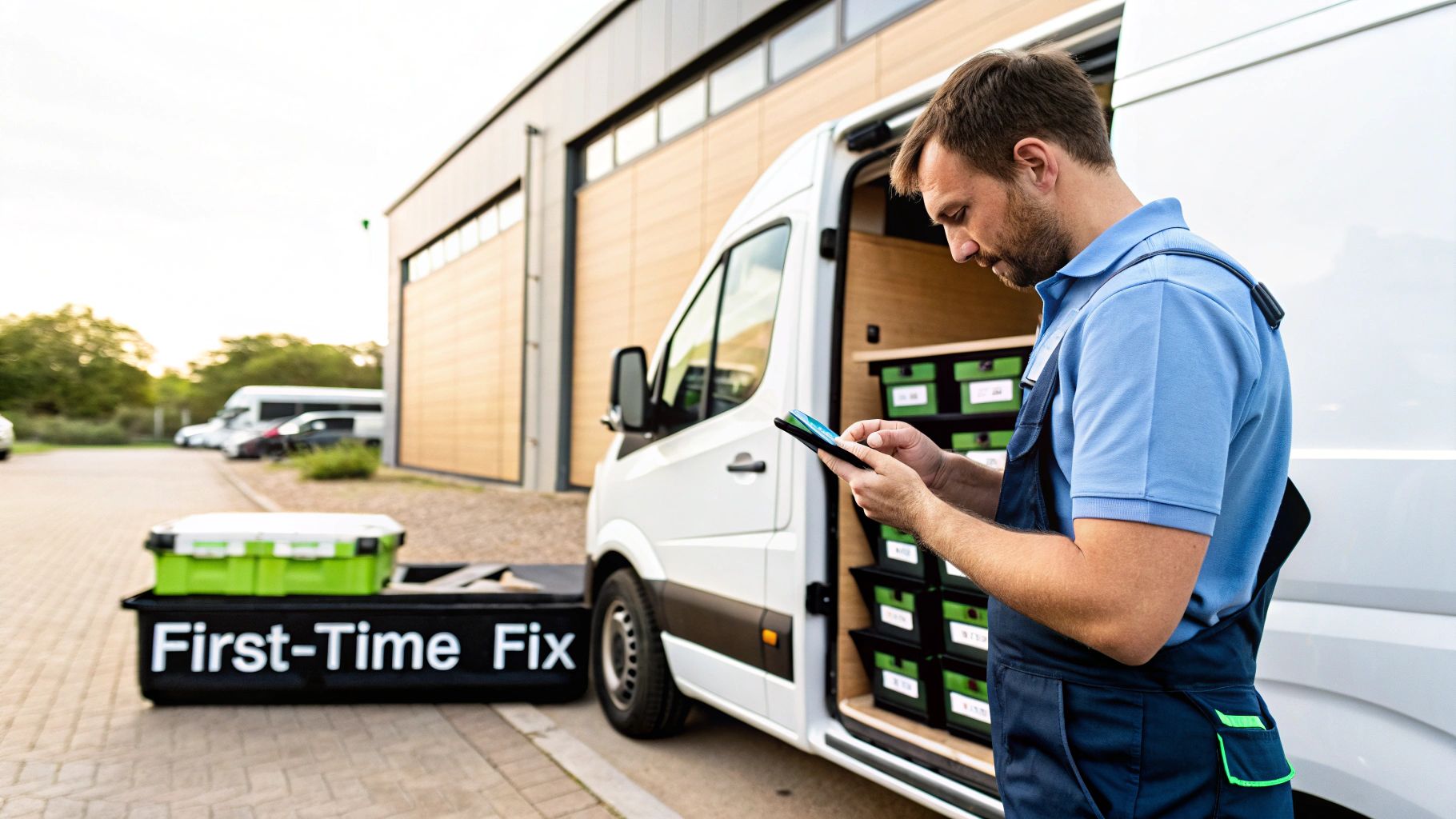 Best Field Management Software Tackon FSM in The Top Benefits Of Inventory Management Software For Profitability 4 Service technician checks inventory on a tablet next to his fully equipped work van.