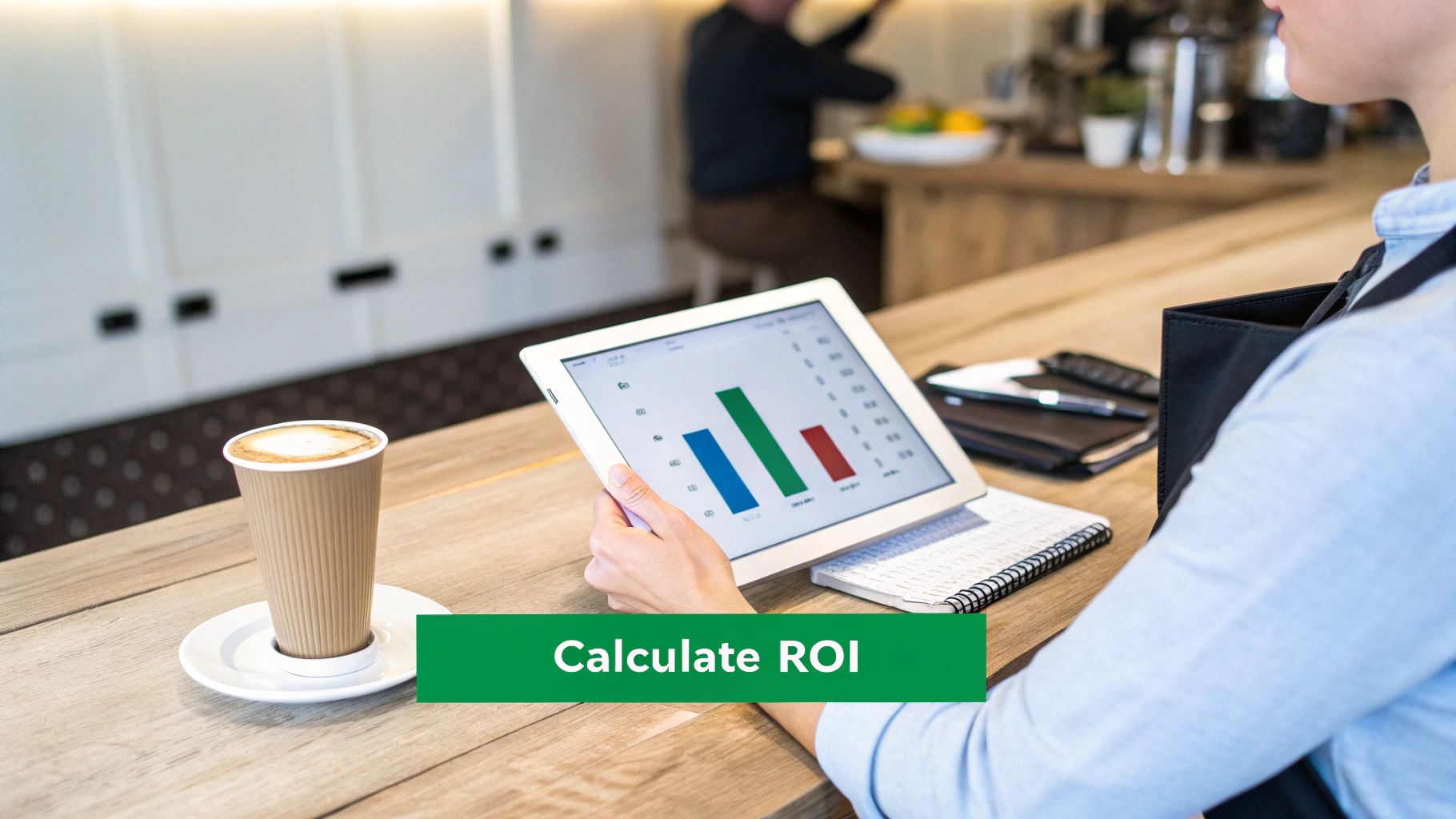 Business professional analyzing ROI data on tablet with bar chart display at wooden desk