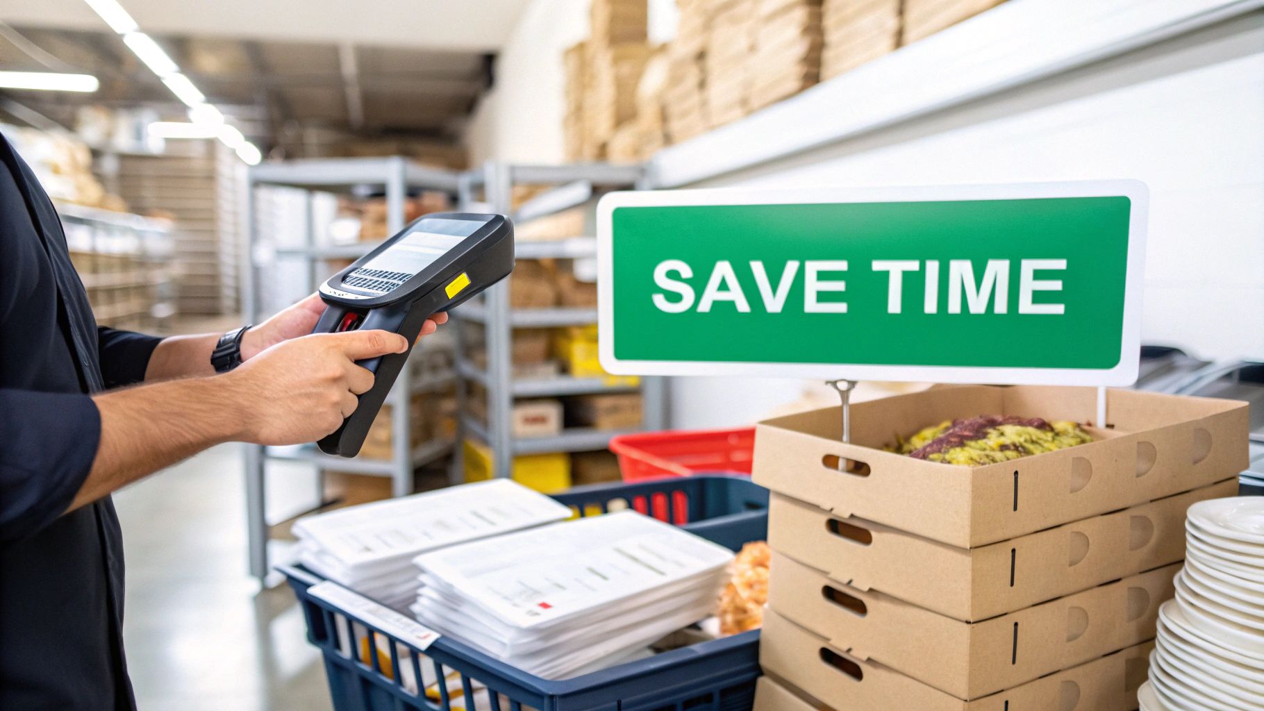 A person holds an inventory scanner in a warehouse, with a 'SAVE TIME' sign and product boxes.