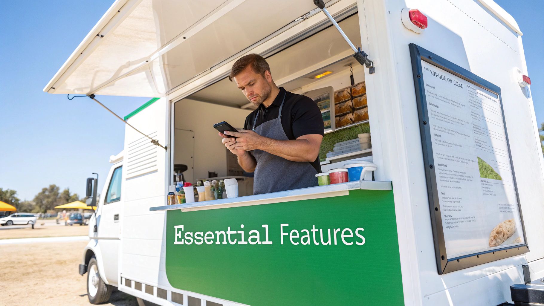 A male vendor in a food truck manages orders on his smartphone, showcasing 'Essential Features'.