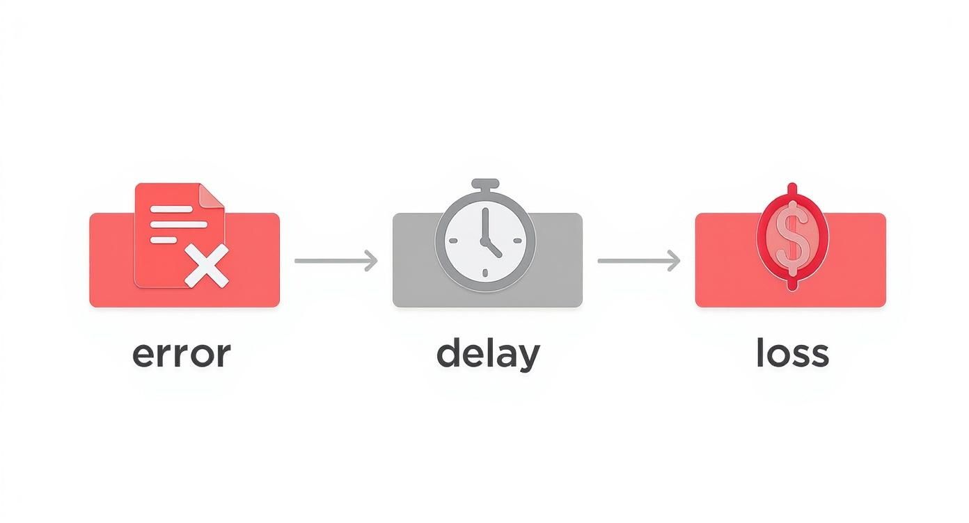 A diagram showing how an error (red document with X) leads to delay (grey stopwatch) and then to financial loss (red crossed-out dollar sign).