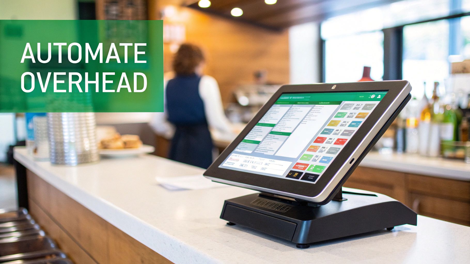 A modern POS system on a counter in a cafe with a green text overlay 'AUTOMATE OVERHEAD'.