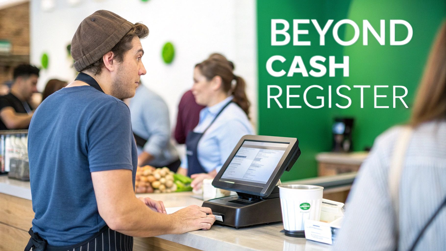 Employee using touchscreen point of sale system at quick service restaurant checkout counter