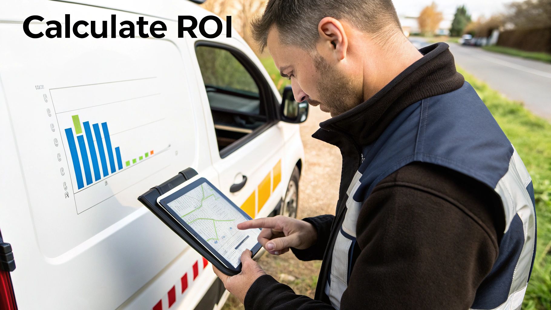 A service technician calculates ROI using a tablet next to a van displaying a bar chart.
