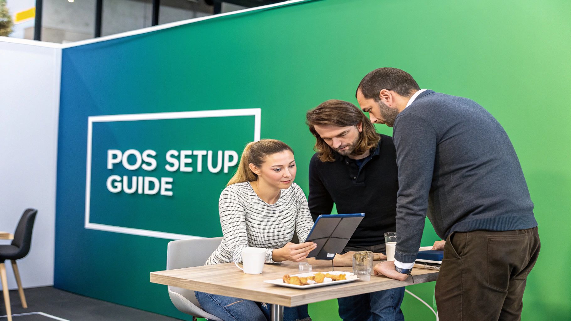 Three colleagues review a tablet with a 'POS Setup Guide' display in the background.