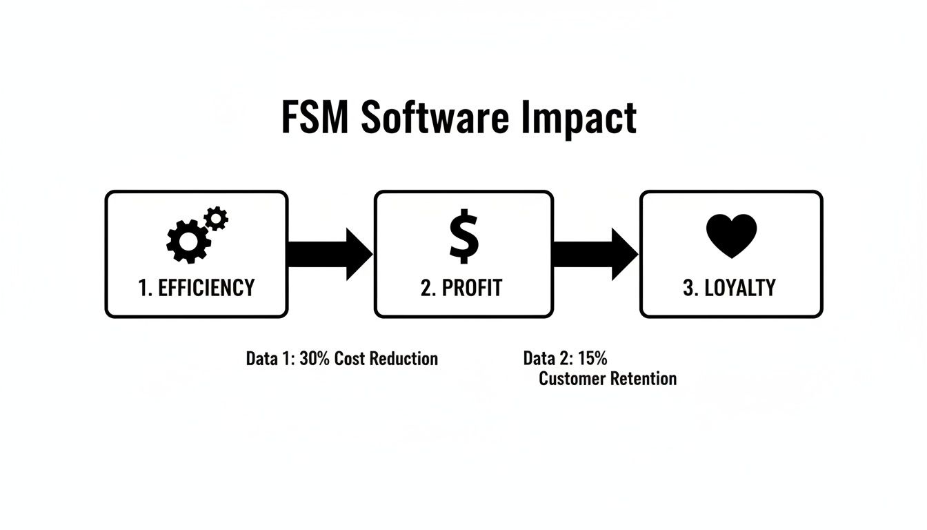 Best Field Management Software Tackon FSM in What Is Field Service Management Software? A Practical Guide 4 Flowchart illustrating the positive impact of FSM software on efficiency, profit, and customer loyalty.
