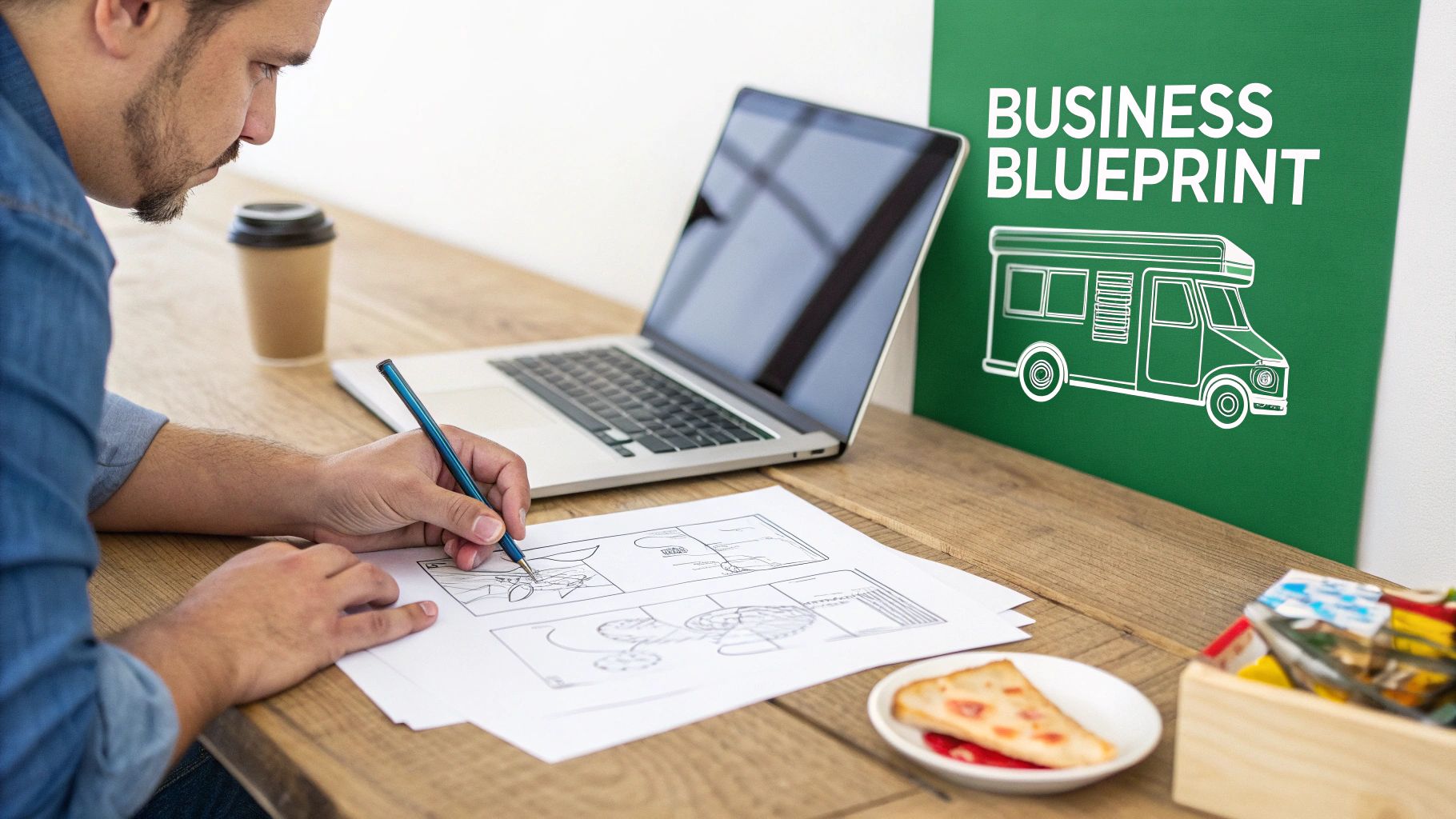 Man sketching a food truck design on paper, working on his business blueprint.