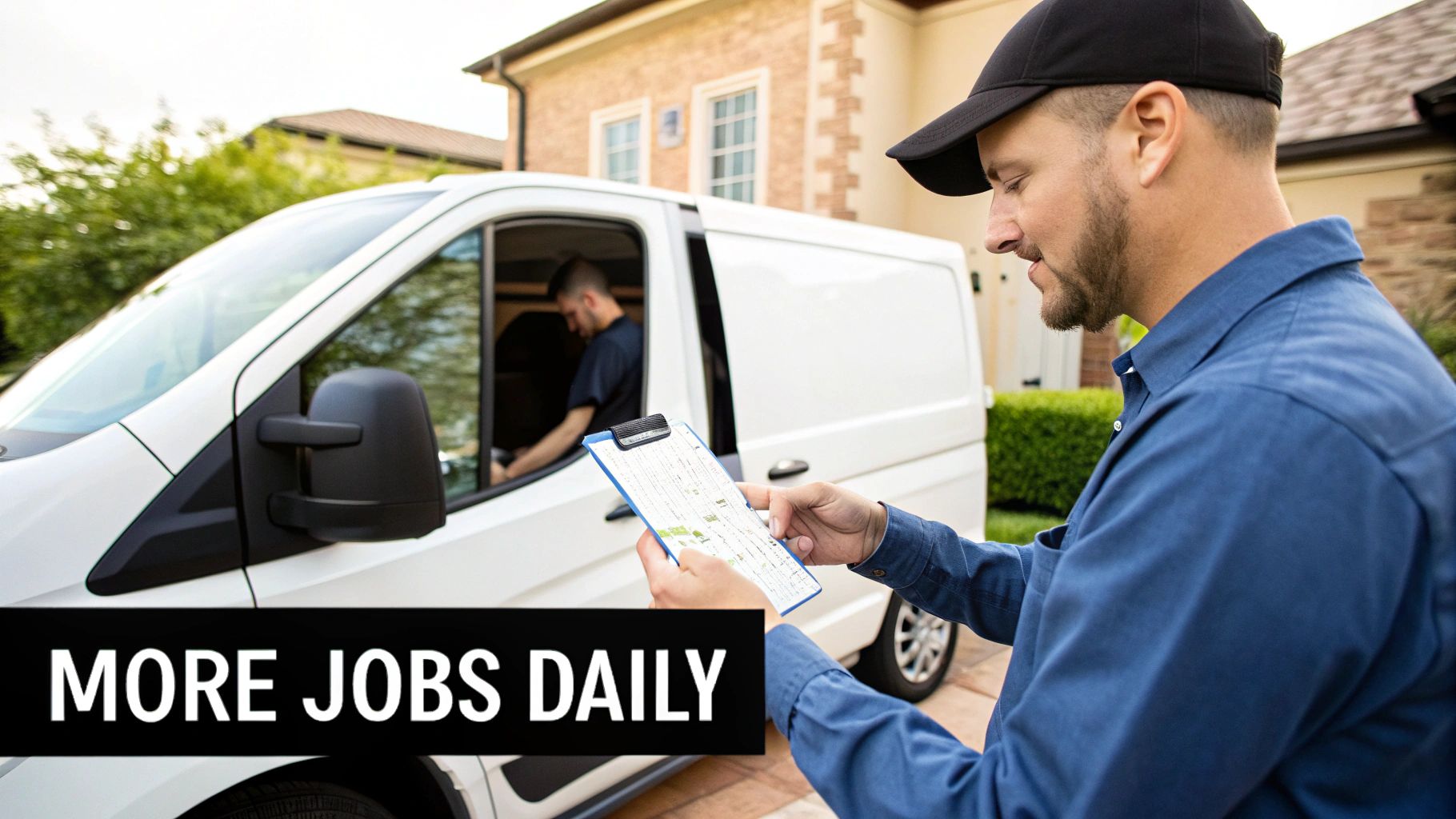 Best Field Management Software Tackon FSM in Small business service management software: Streamline Ops & Improve ROI 3 Two delivery men manage tasks with a white van, one checking a clipboard, indicating daily jobs.