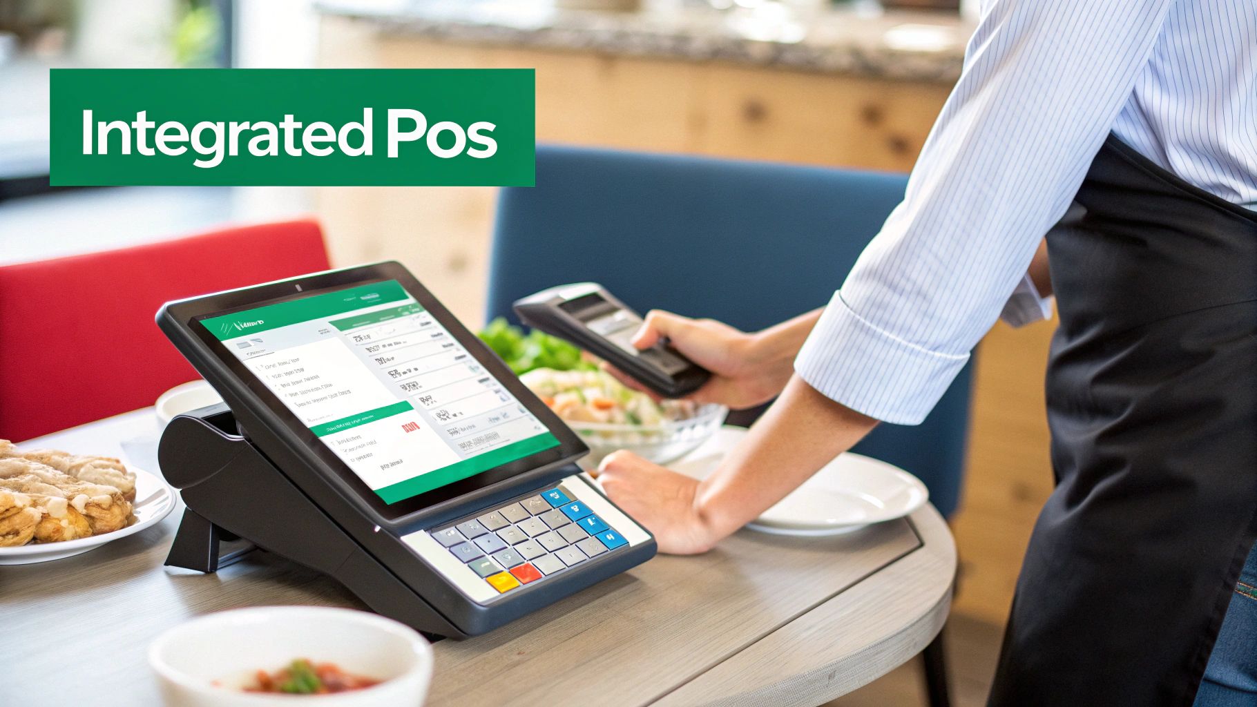Person using an integrated POS system with a tablet and payment terminal at a restaurant.