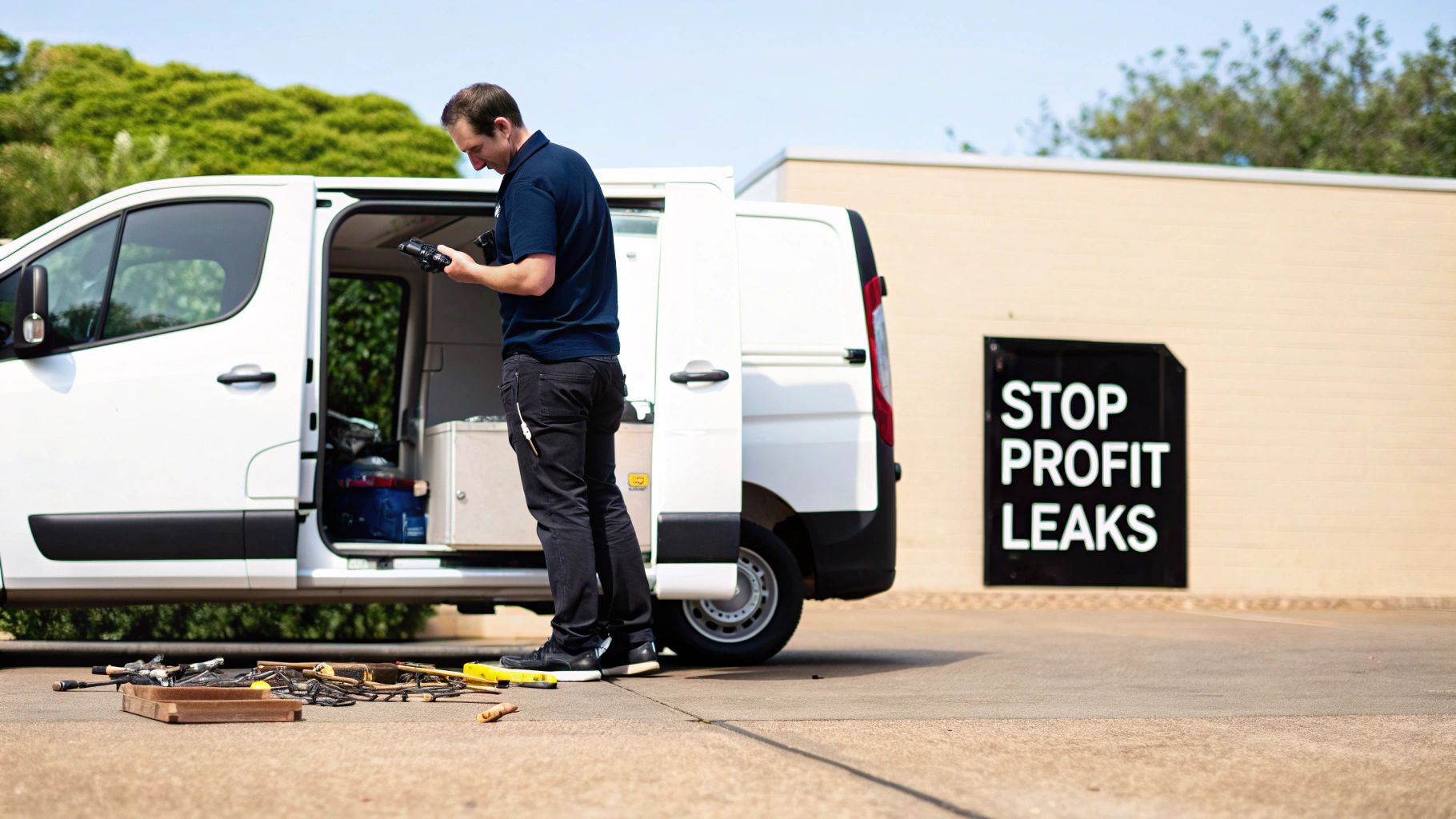 A service technician stands by an open white utility van with tools on the ground.