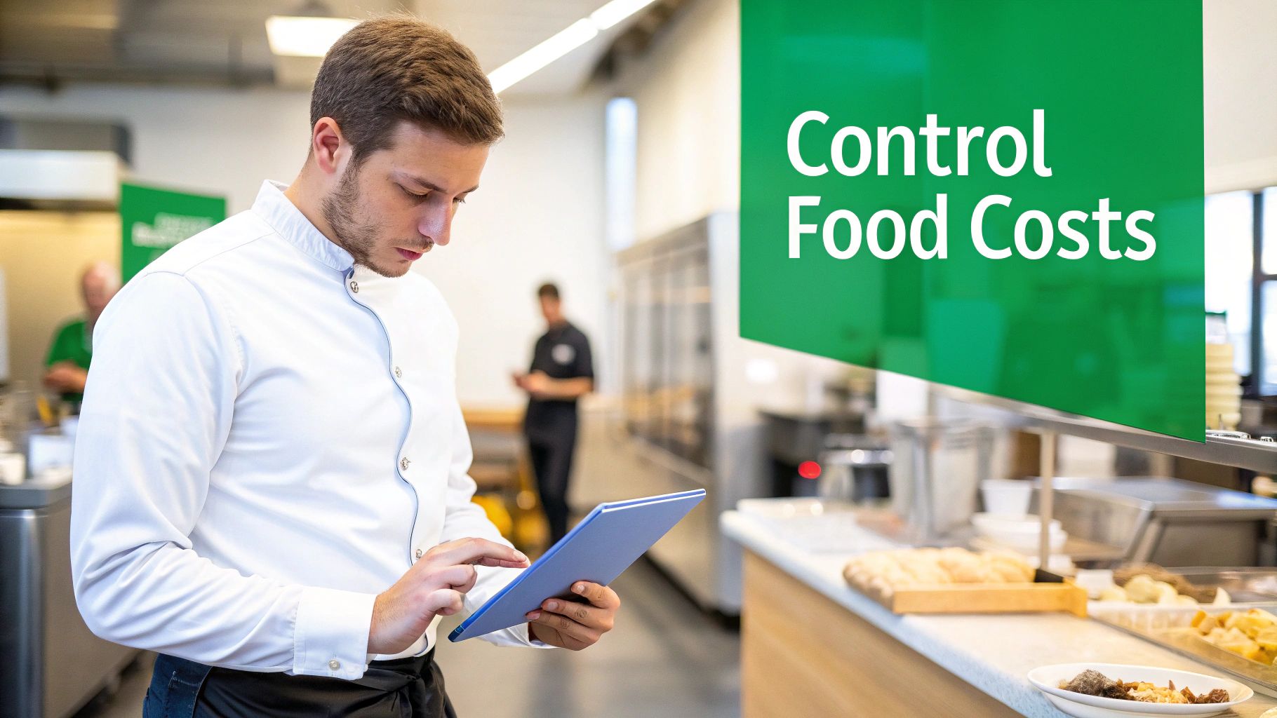 A chef in a professional kitchen uses a tablet to manage inventory and control food costs.
