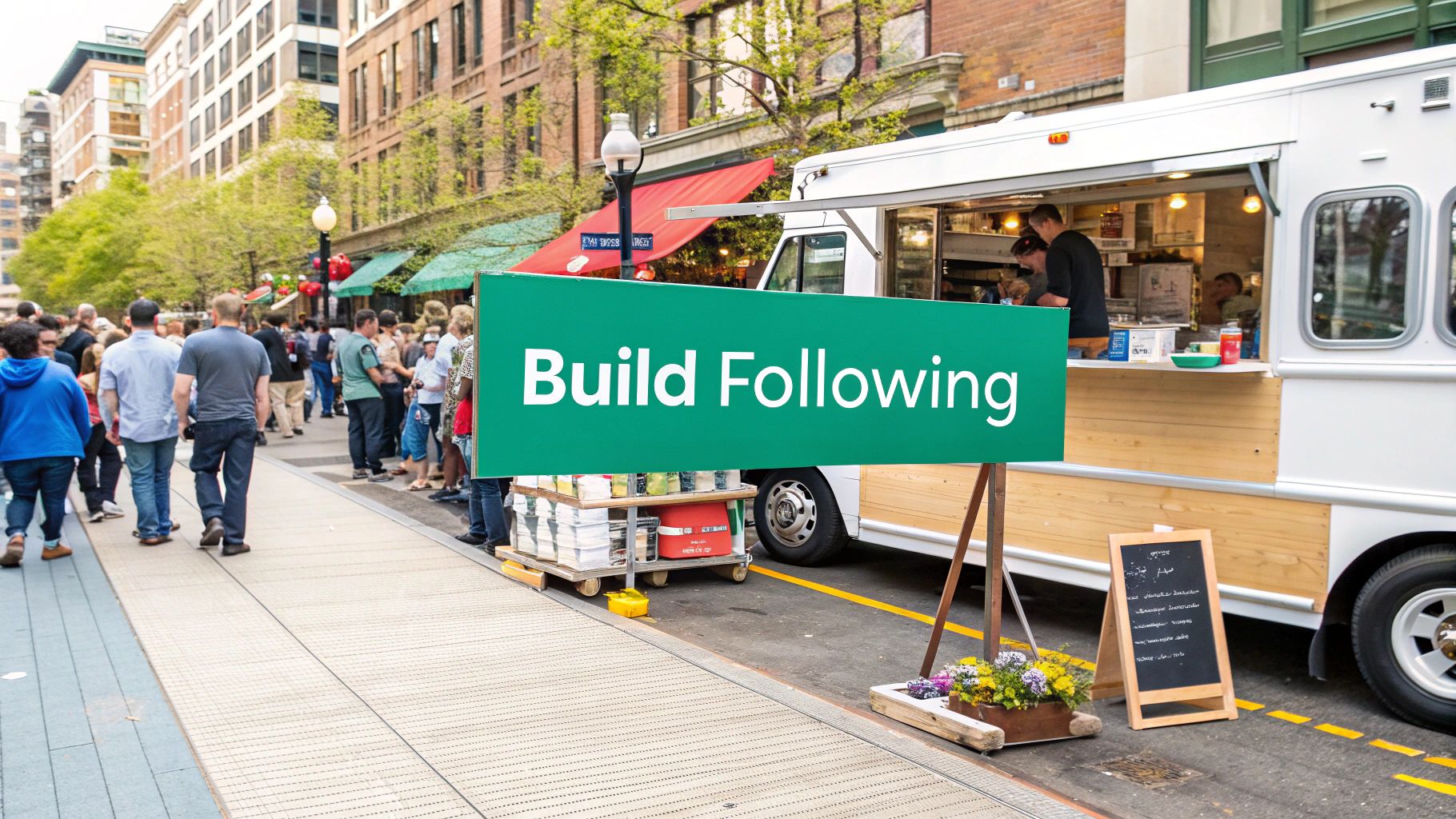 A bustling city street scene with a food truck serving customers and a prominent sign reading 'Build Following'.