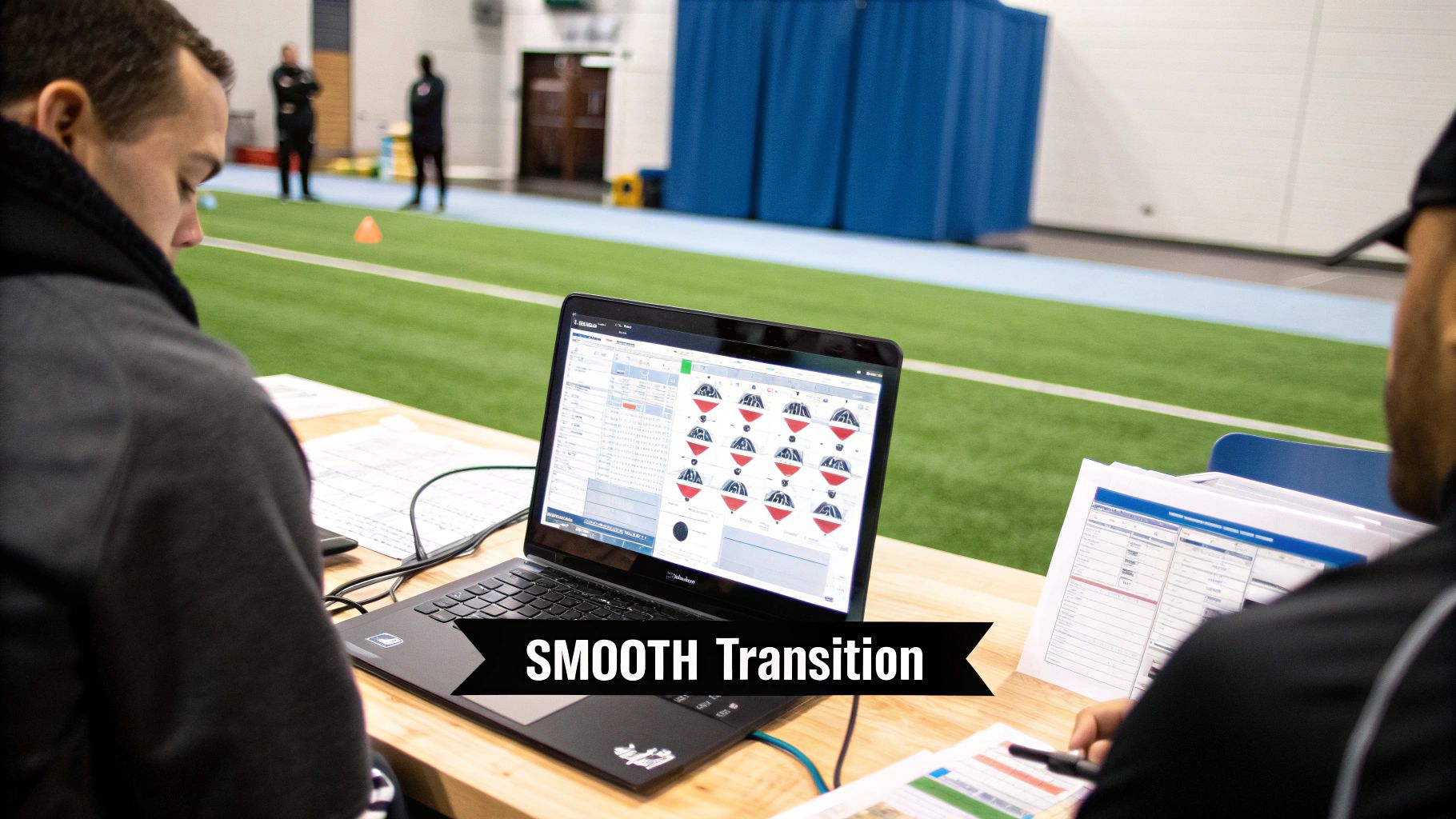 Sports coaches analyze performance data on a laptop and documents on an indoor turf field.