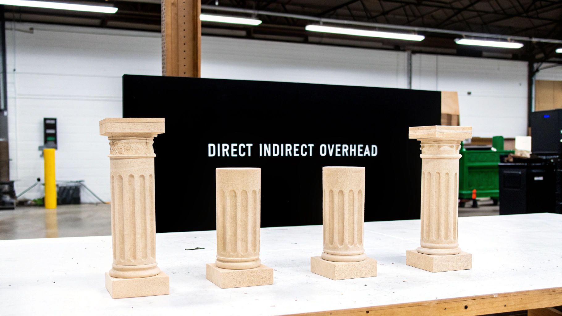 Four decorative column models on a table, with 'DIRECT INDIRECT OVERHEAD' text displayed behind them.
