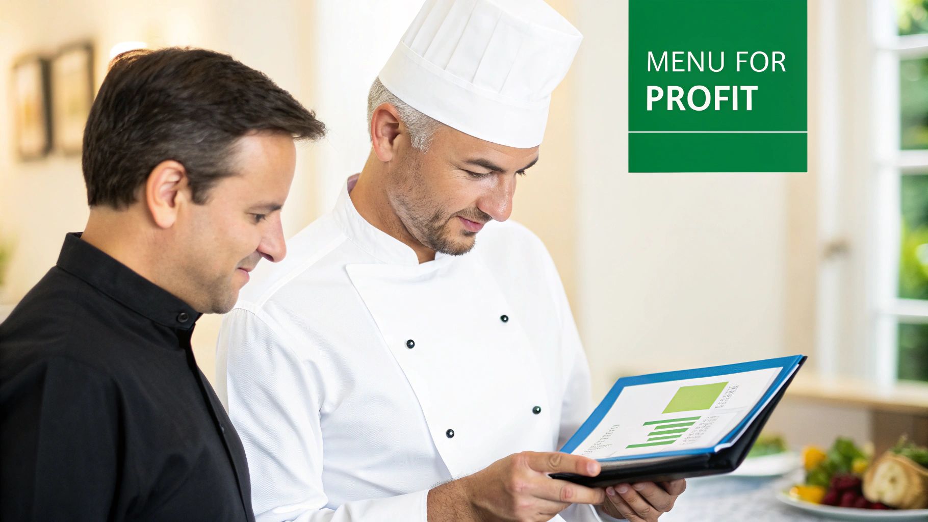 Chef and colleague analyzing menu profit strategies with charts in a professional kitchen.