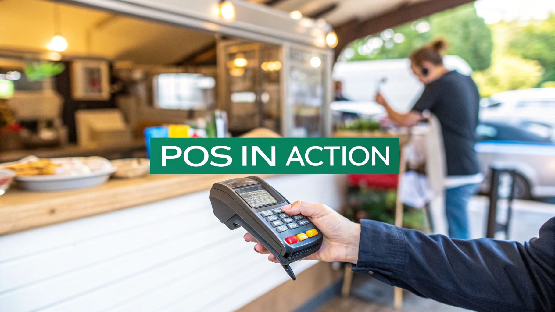 A hand holding a mobile POS terminal, ready for payment at a food truck with 'POS IN ACTION' text.