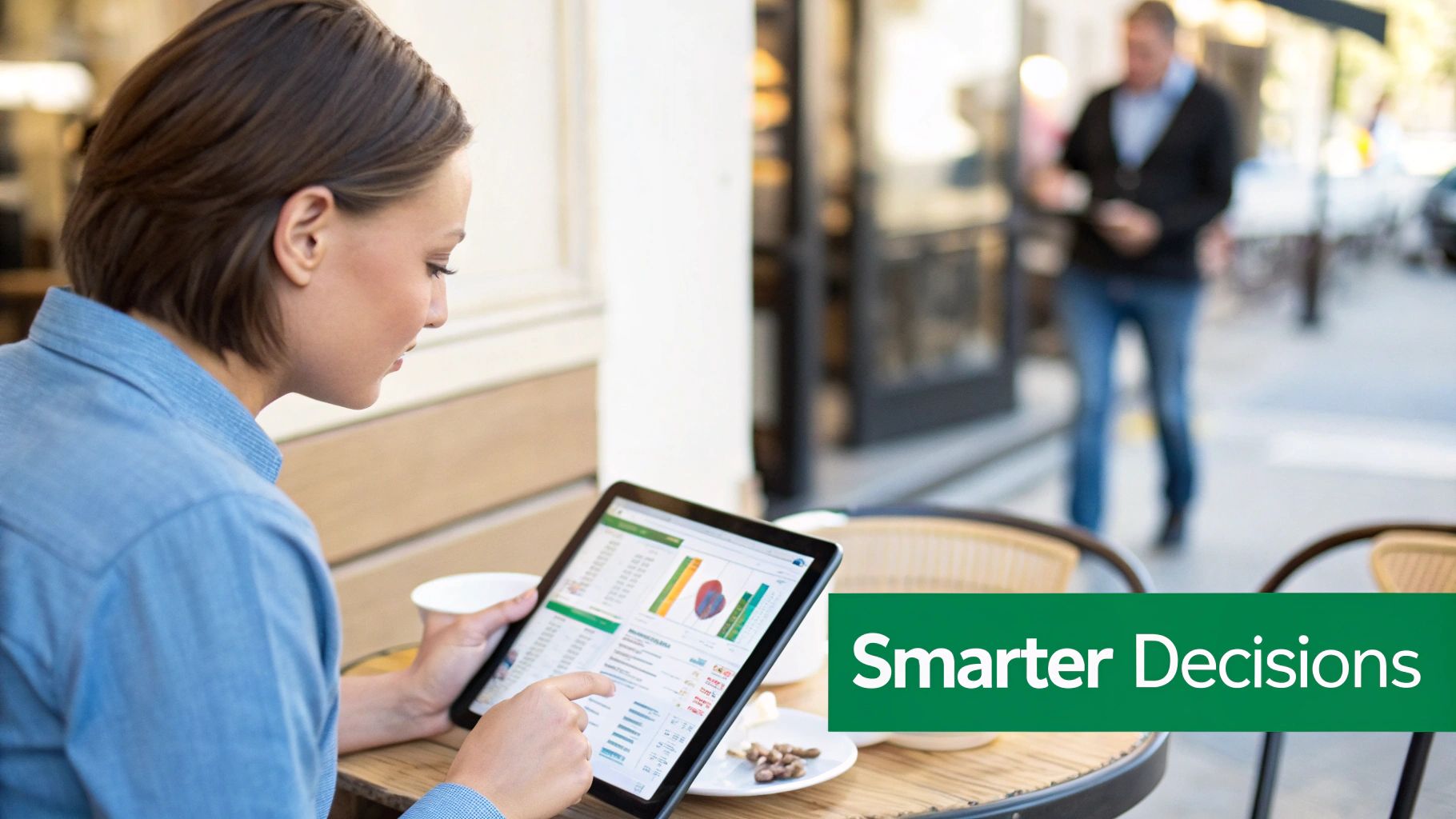 A woman uses a tablet displaying data analytics and charts at an outdoor cafe, making smarter decisions.