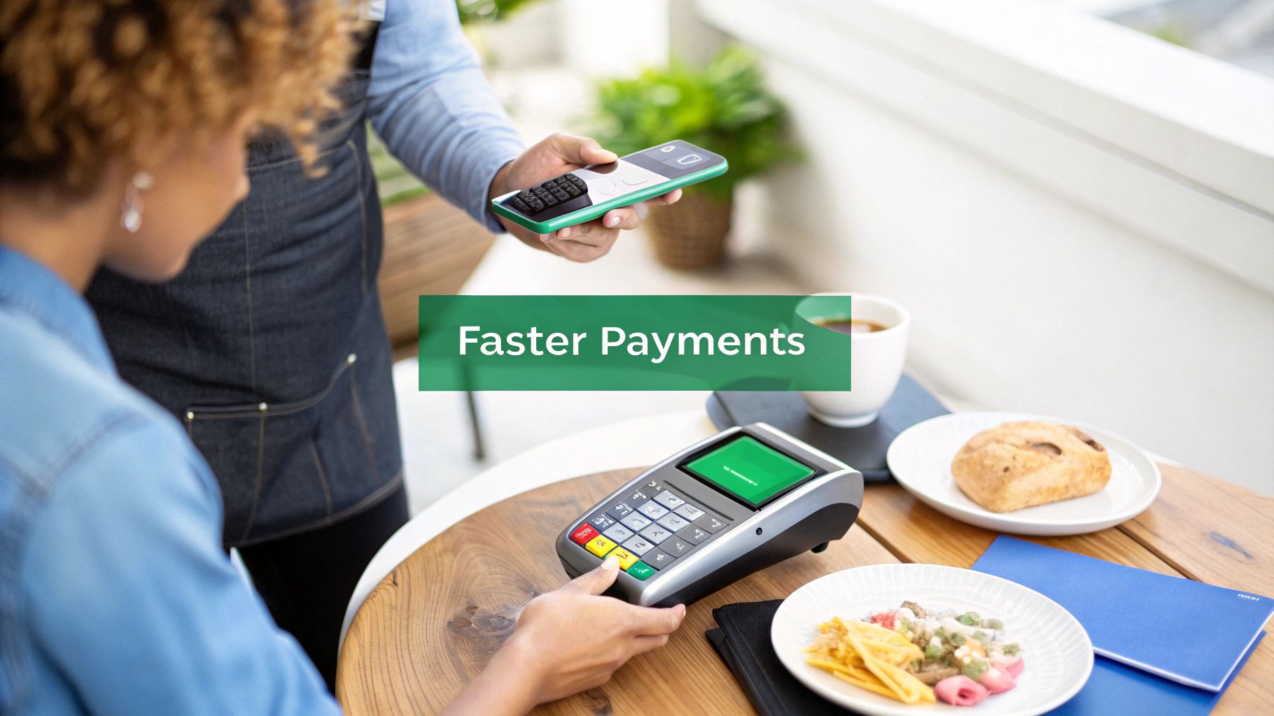 Two people making a mobile payment using a smartphone and a card machine at a cafe.