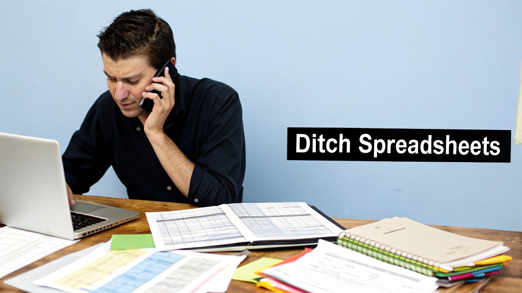 A man looks frustrated while talking on his phone and working on a laptop, surrounded by paperwork.