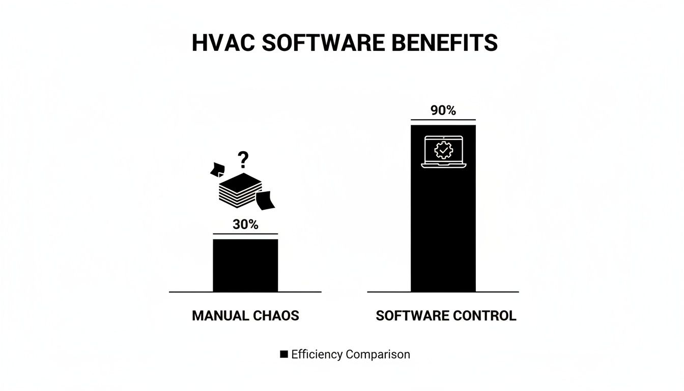 Bar chart comparing manual chaos efficiency at 30% with software control efficiency at 90%.