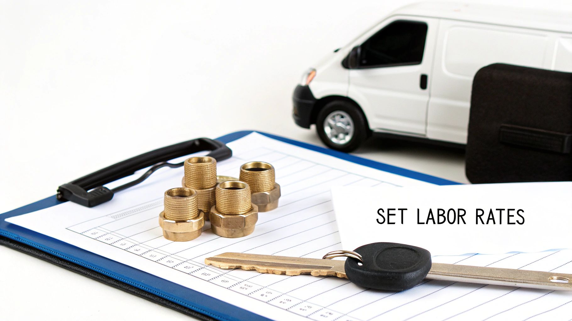 Plumbing fittings, car key, and van toy with 'SET LABOR RATES' note on clipboard, symbolizing business costs.
