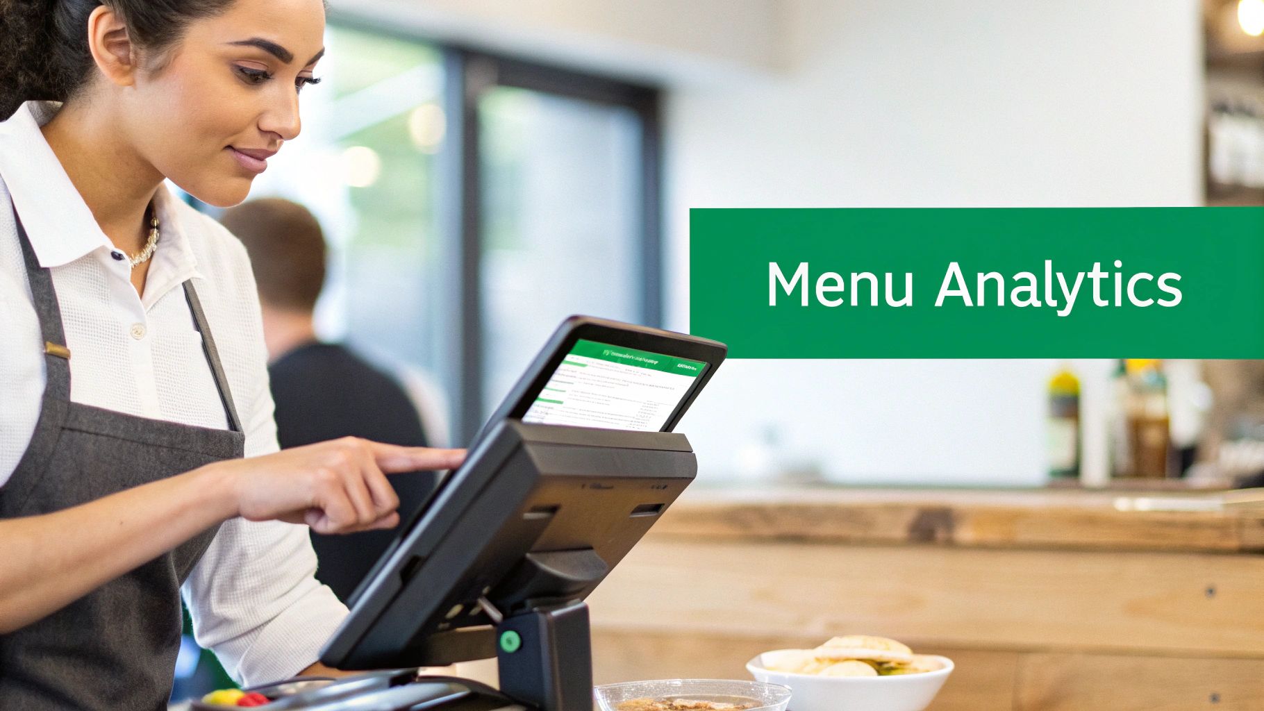 A cafe manager using a tablet POS system to analyze sales data.