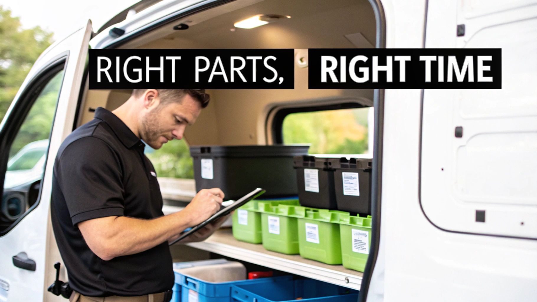 Technician checking parts inventory on a tablet in a service van, ensuring right parts delivery.