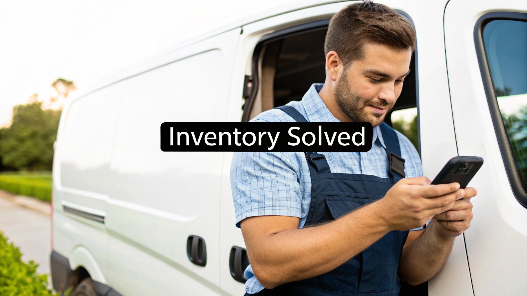 A delivery man in uniform leaning on a white van, checking his smartphone.