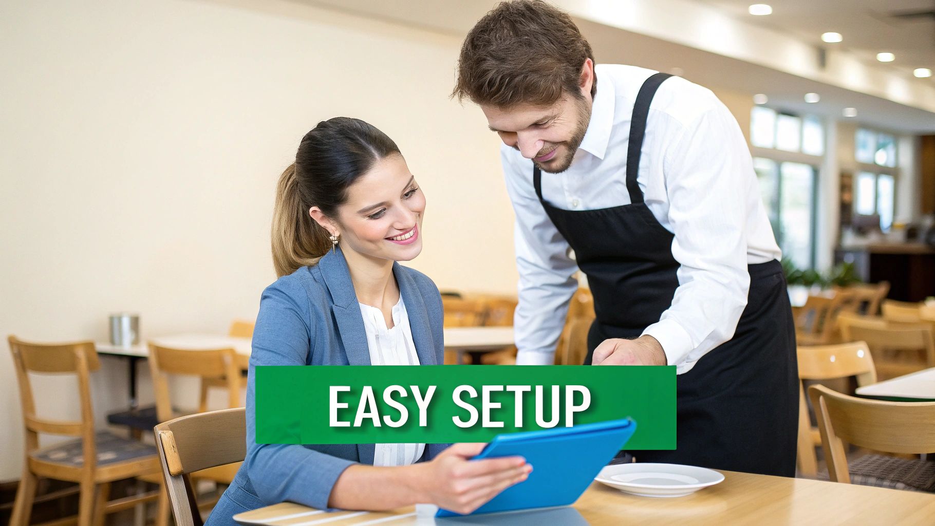 Smiling woman and waiter interact over a tablet in a bright restaurant, highlighting easy setup.