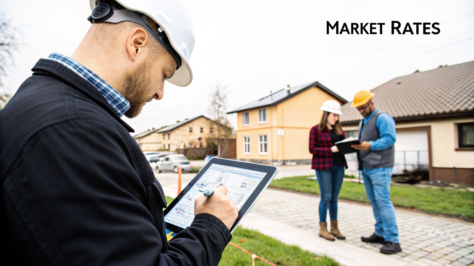 Construction professionals on-site review market rates and plans using a tablet and documents.