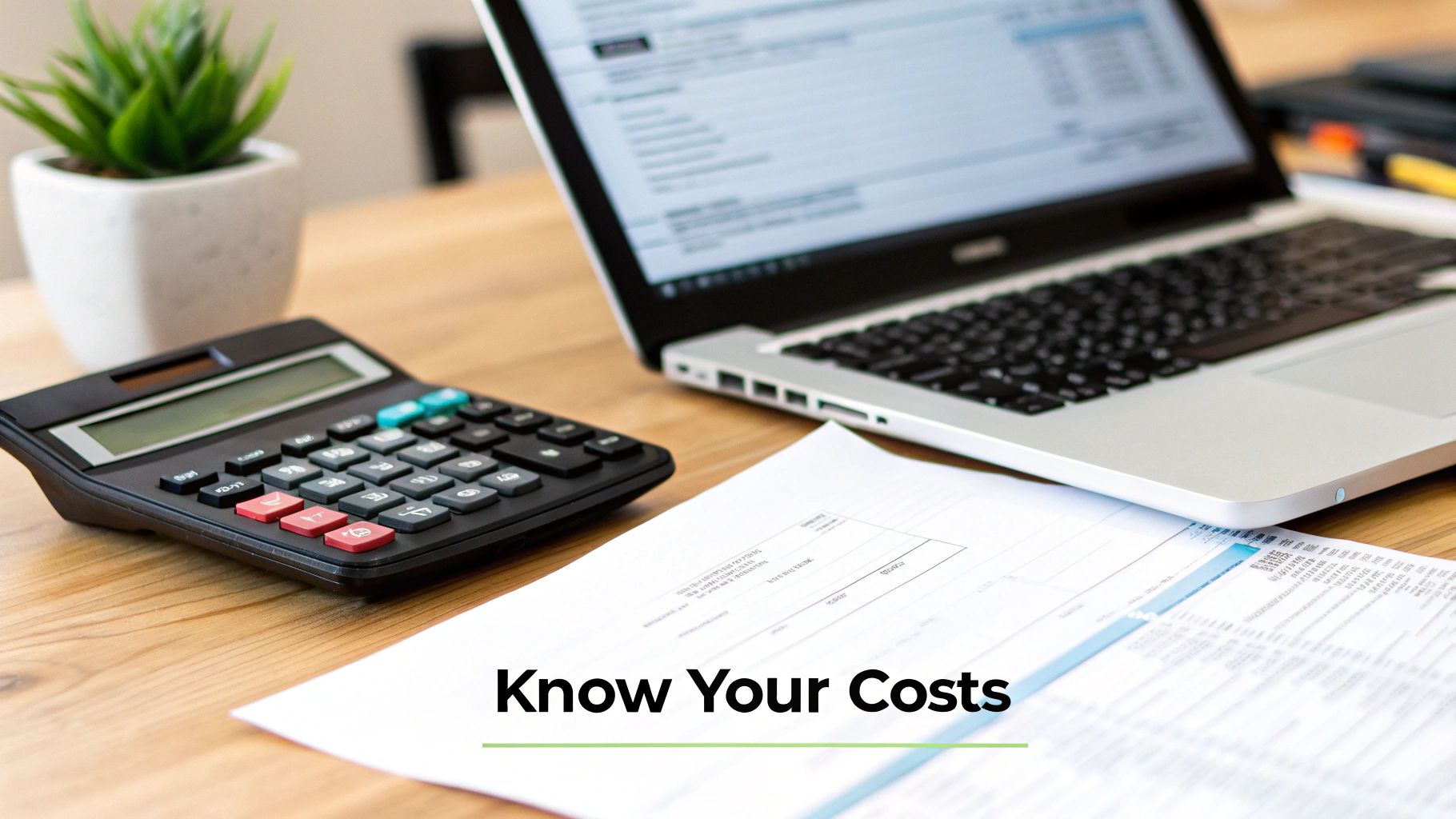 A calculator, laptop, and papers on a wooden desk, symbolizing financial planning and cost analysis.