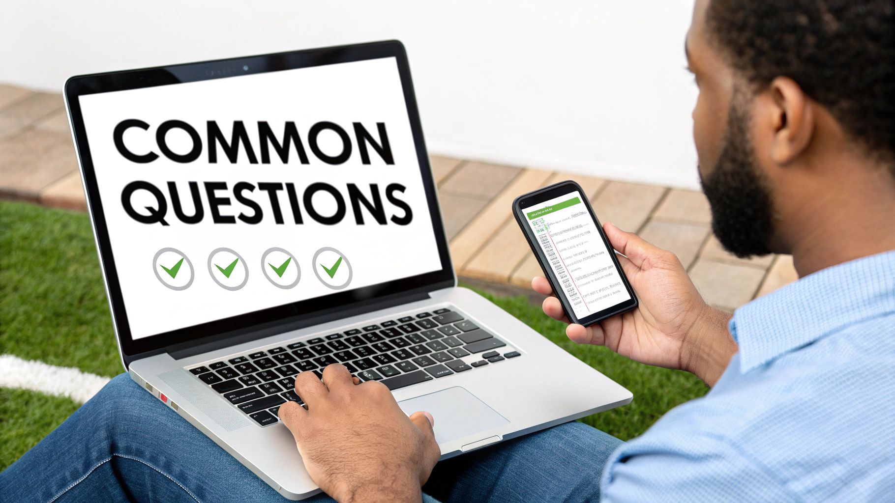 A man sits outdoors, engaging with a laptop displaying 'COMMON QUESTIONS' and green checkmarks, while also holding a smartphone.