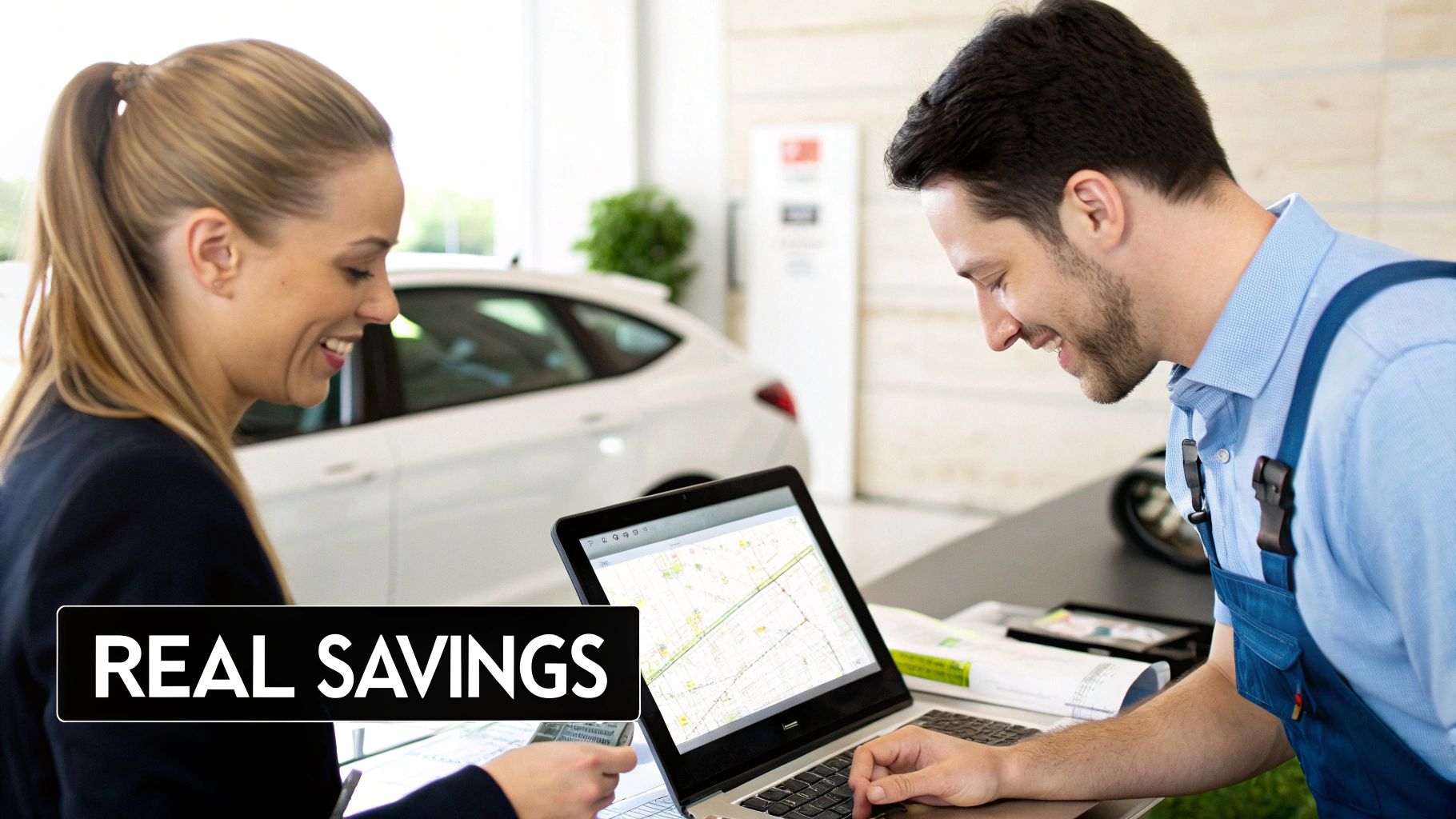 Best Field Management Software Tackon FSM in Job Scheduling Software for Contractors The Ultimate Guide to Efficiency 5 Smiling woman and automotive technician discussing work details on a laptop in a car dealership, with "REAL SAVINGS" text.