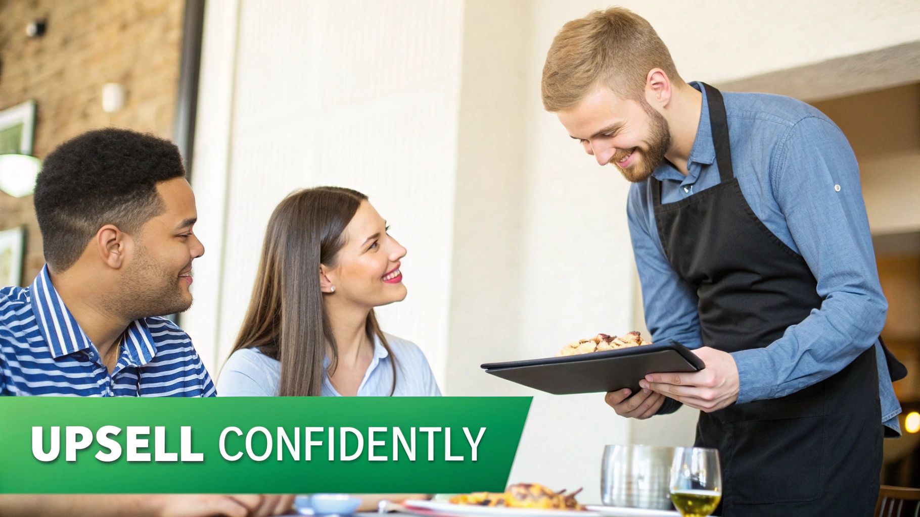 A smiling waiter presents food to happy customers at a restaurant table, demonstrating confident upselling.