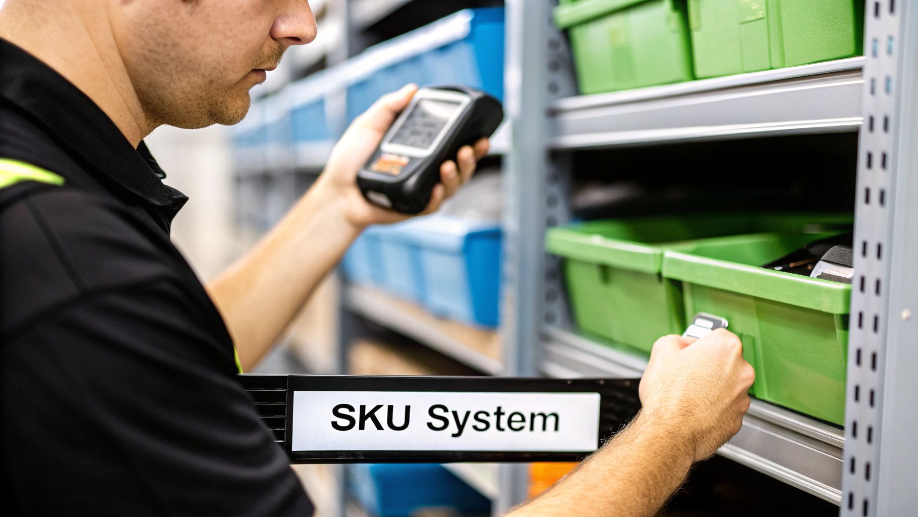 A person scanning items on shelves with storage bins, showing a "SKU System" label.