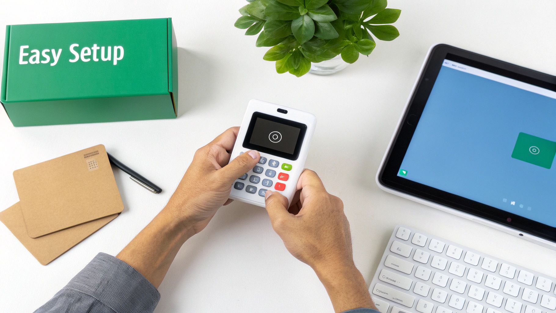 A person's hands operate a white contactless card reader on a desk with a tablet and keyboard.