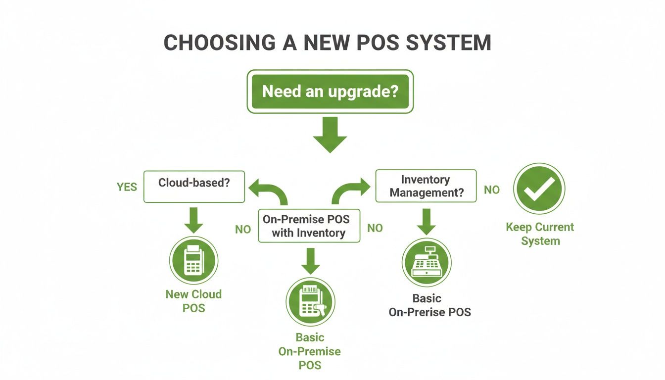 Flowchart guiding the choice of a new POS system based on upgrade, cloud, and inventory needs.
