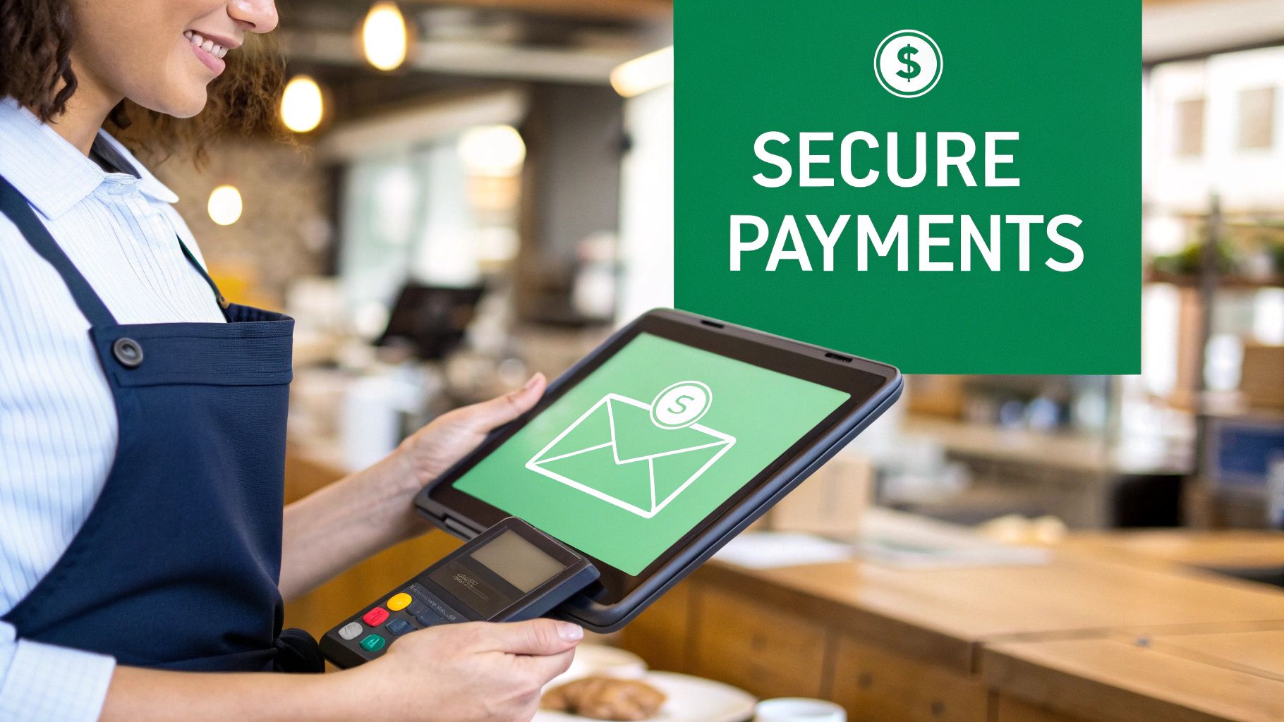 A smiling cafe worker holds a tablet displaying secure payment options and a mobile credit card reader.