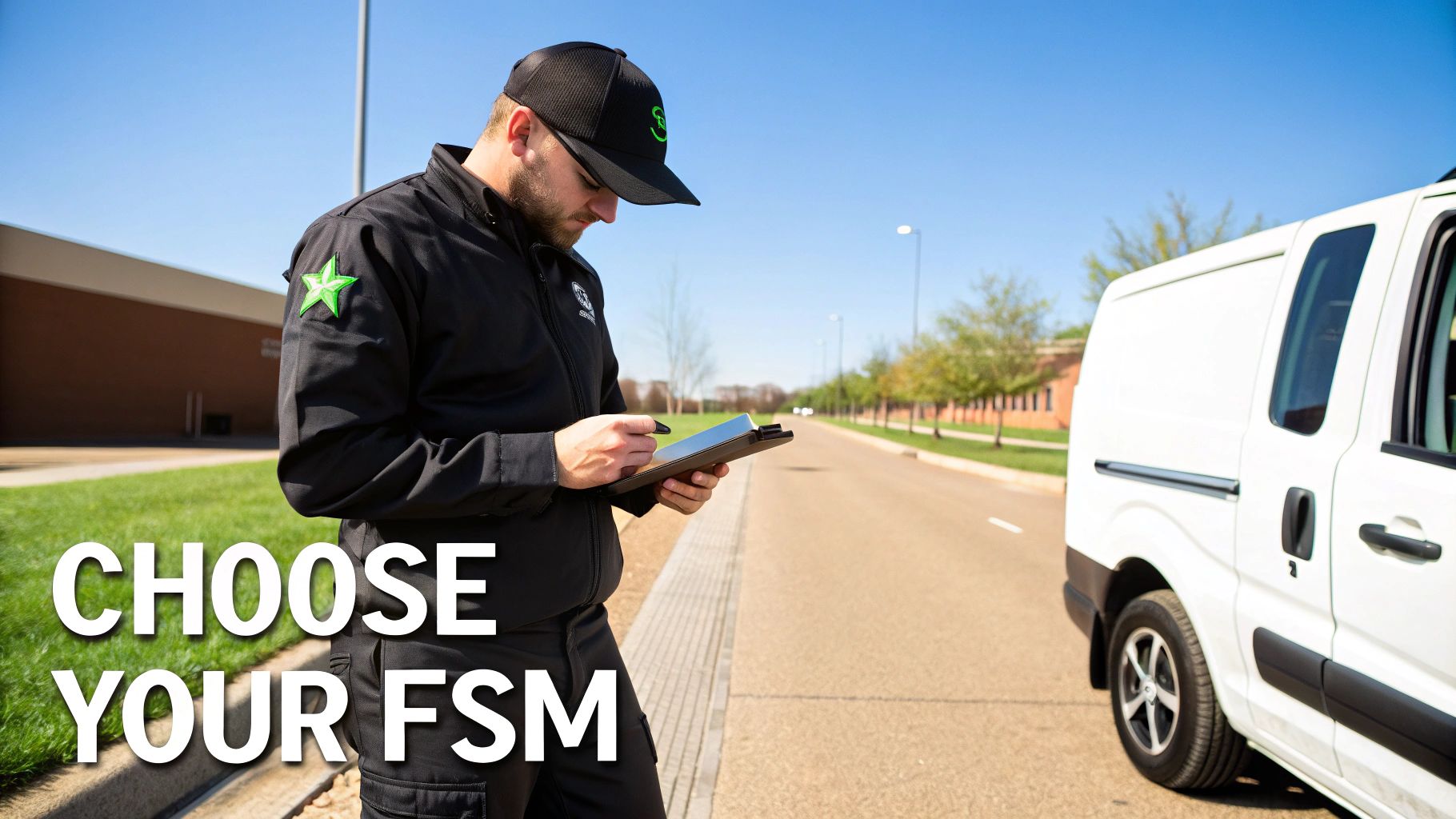 Best Field Management Software Tackon FSM in The Best Field Service Management Software for Small Business 2 A field service technician in uniform uses a tablet next to a white service van outdoors.