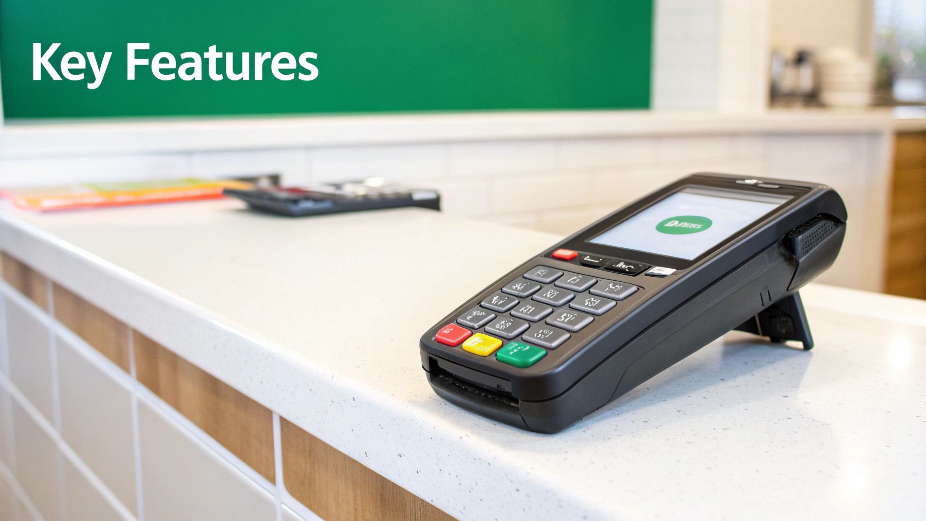 A black handheld POS terminal with a screen displaying a green logo rests on a white speckled countertop.