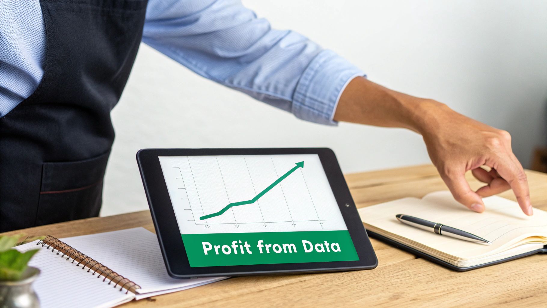 A person analyzes a tablet displaying a green line graph showing profit growth from data.