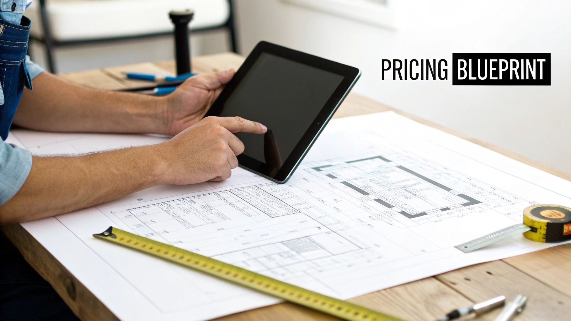 A person uses a tablet while looking at blueprints and measuring tools on a wooden desk.
