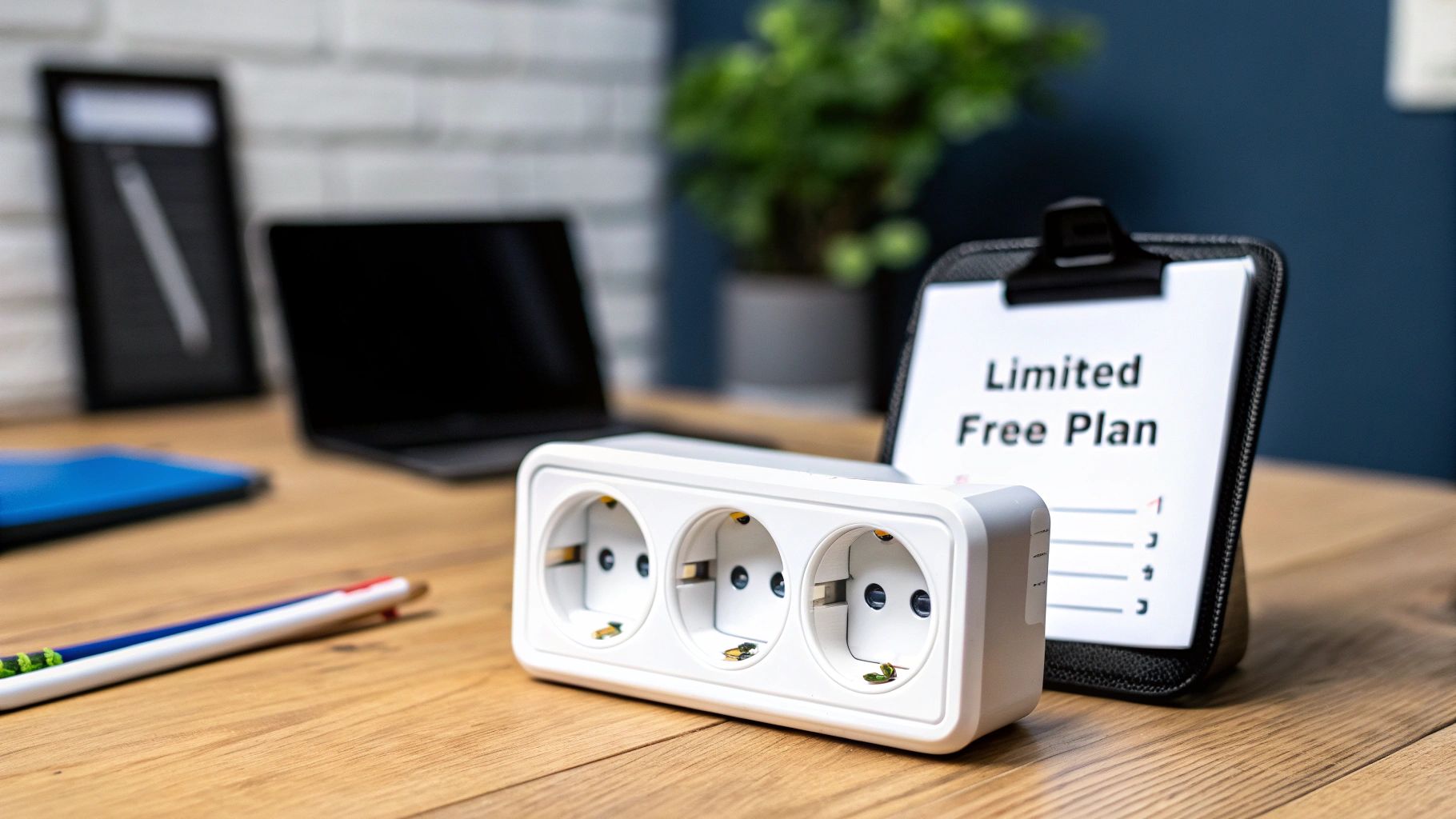 Best Field Management Software Tackon FSM in Free Field Service Management Software: Your Quick Guide to the Right Solution 2 A white three-outlet power strip sits prominently on a wooden desk, next to a clipboard titled 'Limited Free Plan'.