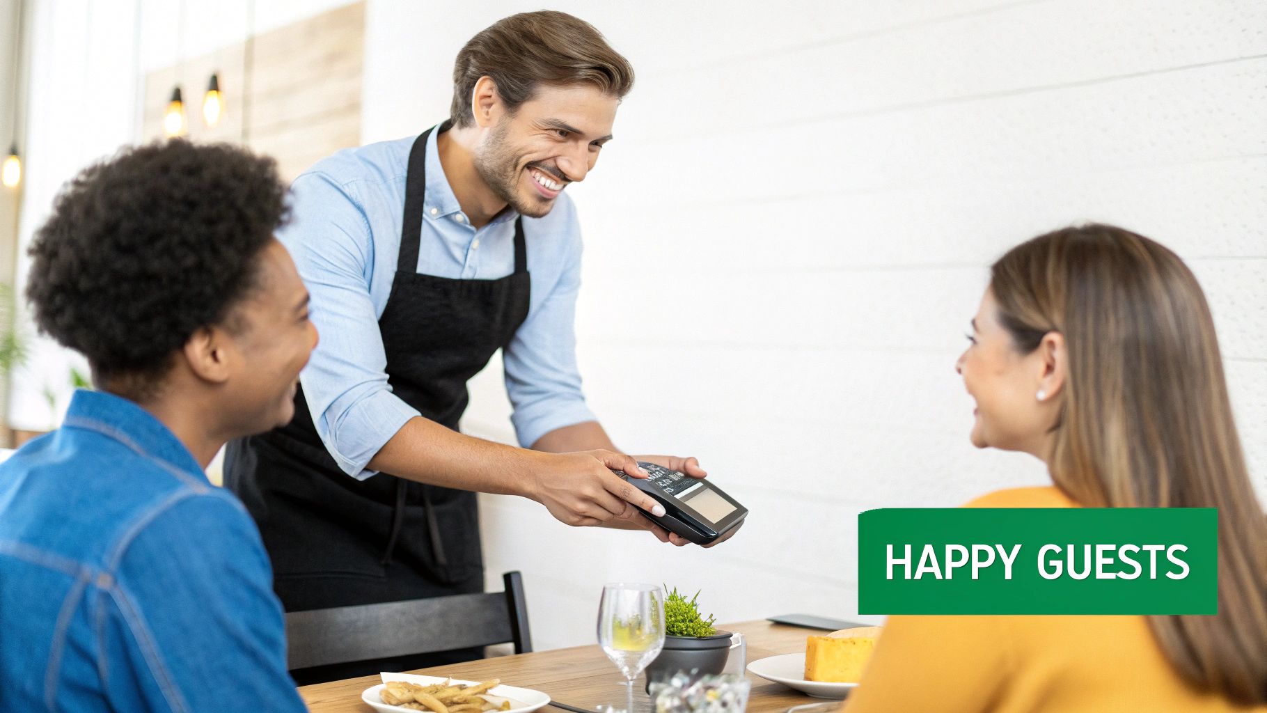A customer happily making a contactless payment using a mobile POS device held by a server at a restaurant table