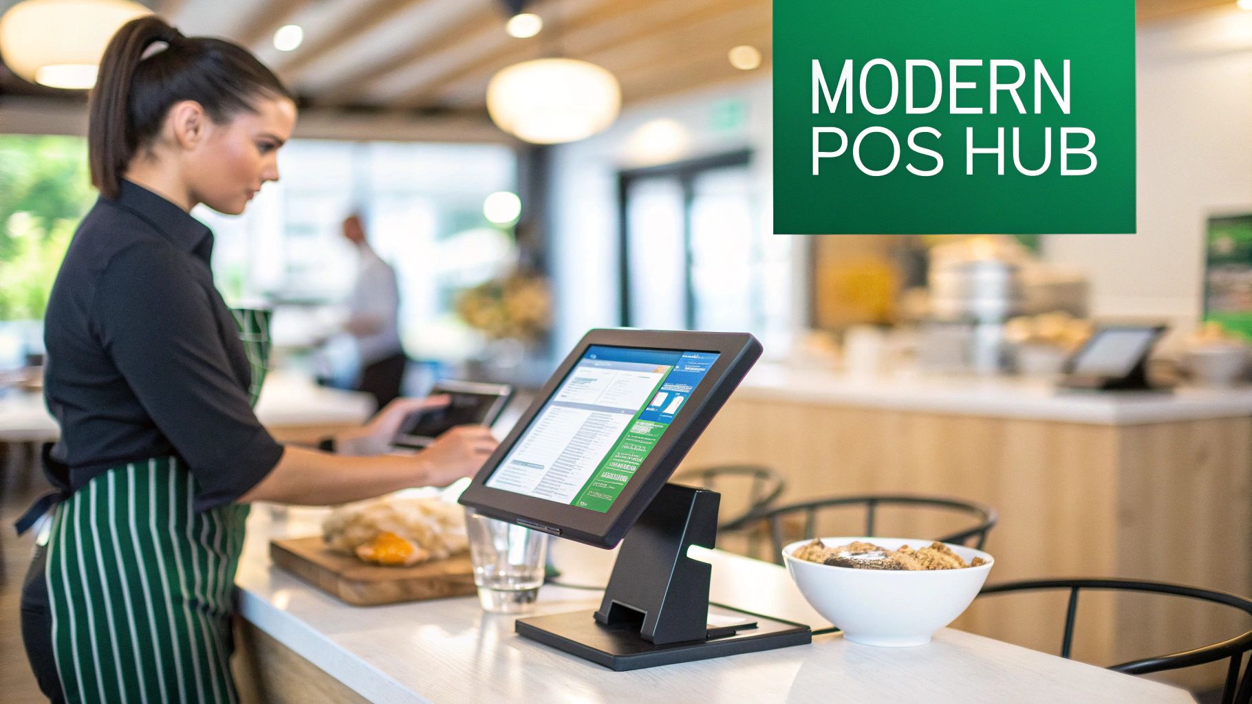 A female server in a cafe uses a point-of-sale tablet, with another modern POS hub on the counter.