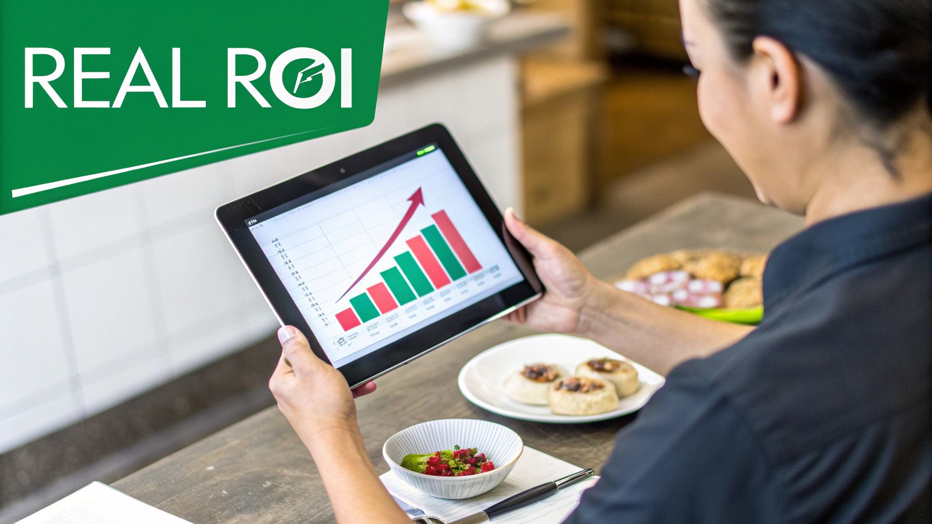 A woman looking at a tablet displaying a rising sales graph in a restaurant setting.
