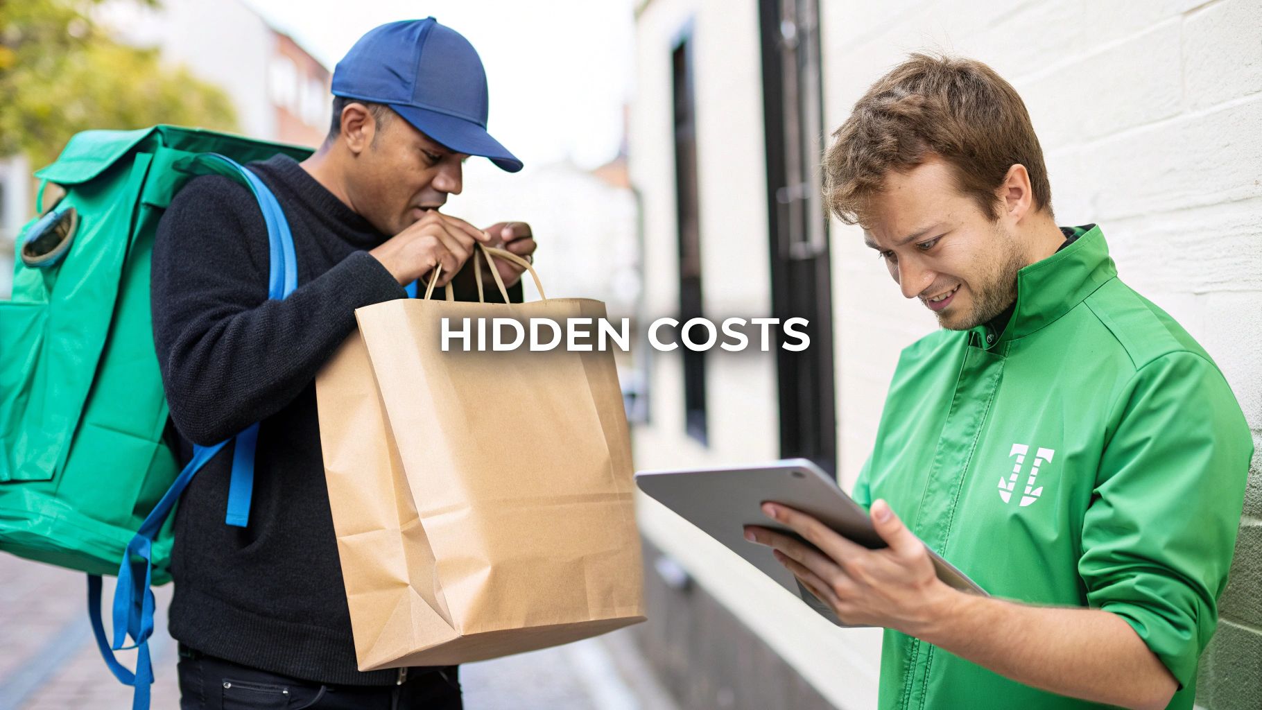 Two delivery men interacting, one holding a paper bag, the other looking at a tablet with 'HIDDEN COSTS' text.