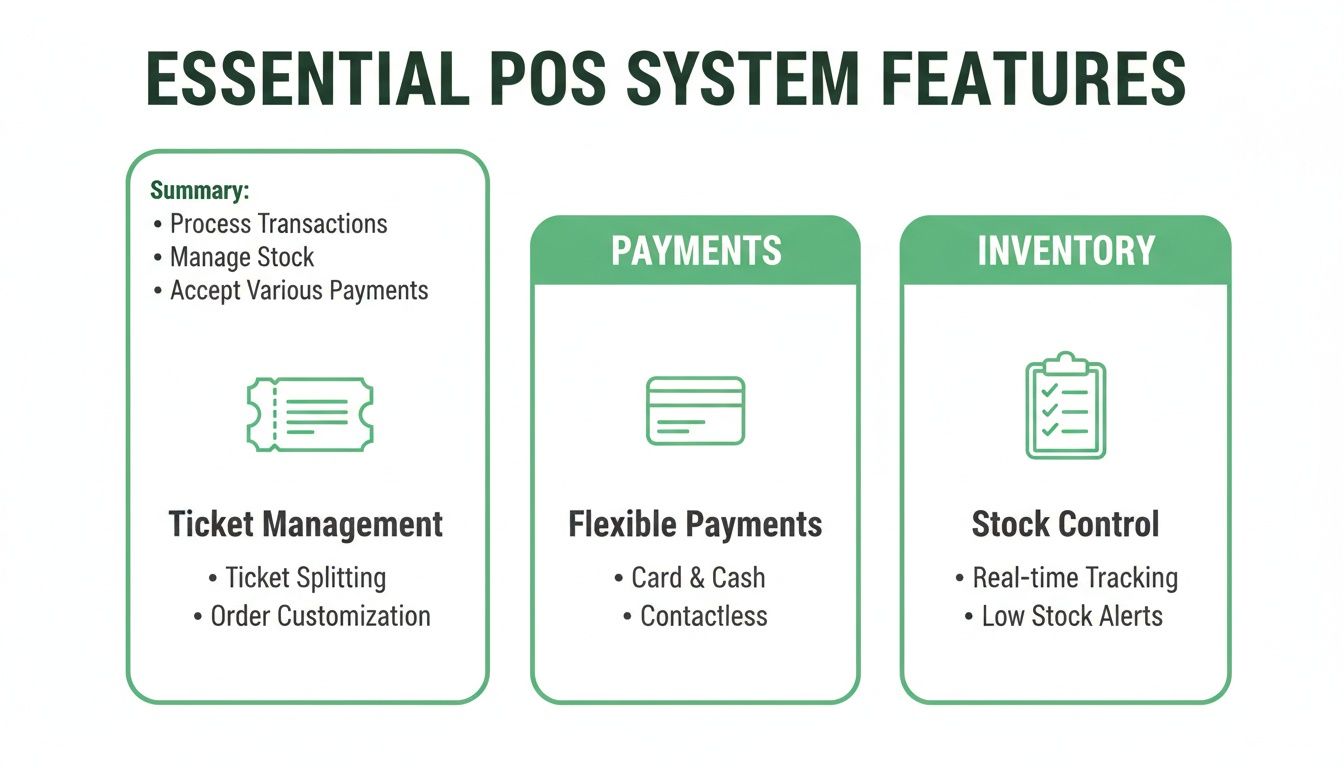 An infographic detailing essential features of a POS system, including ticket management, flexible payments, and stock control.