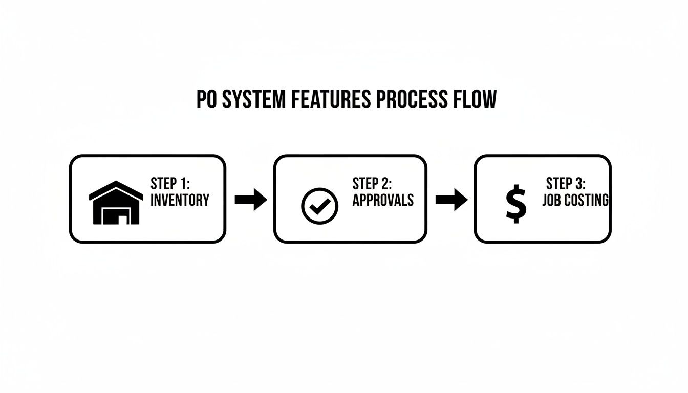 Diagram illustrating the three-step PO system features process flow: Inventory, Approvals, and Job Costing.